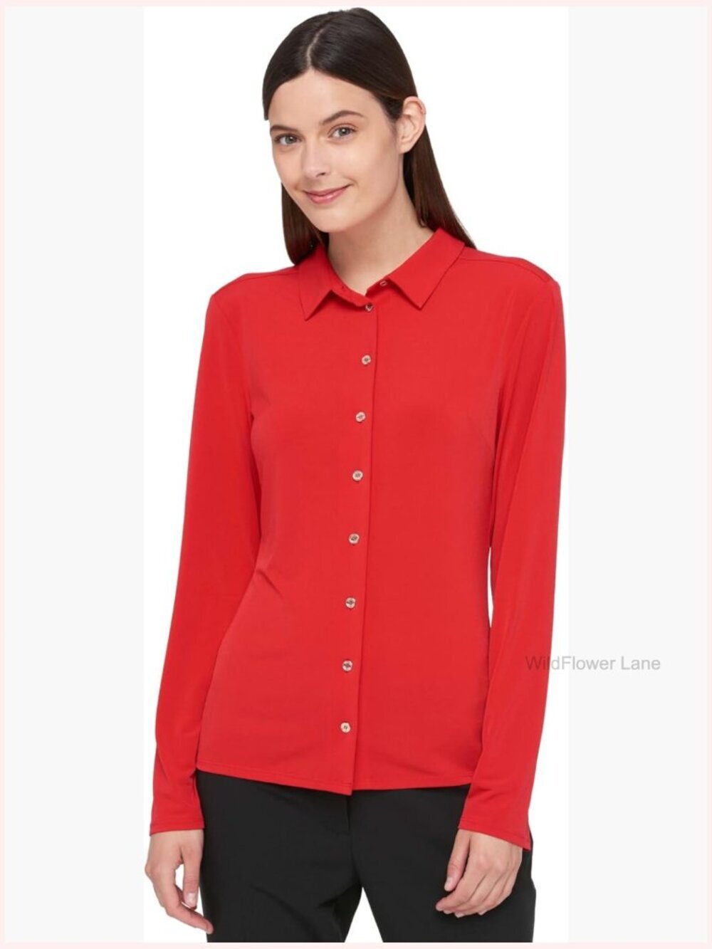 Long Sleeve Button Down Blouse - Career Office Cotton Blend Top